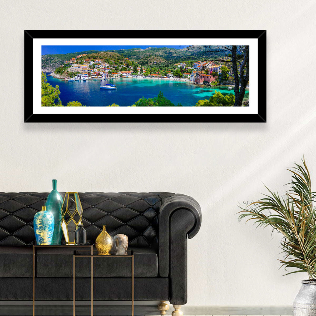 Assos Village Harbor View Wall Art in a room, panoramic