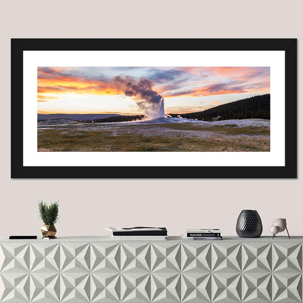 Old Faithful Erupting at Sunset Wall Art in a room, panoramic