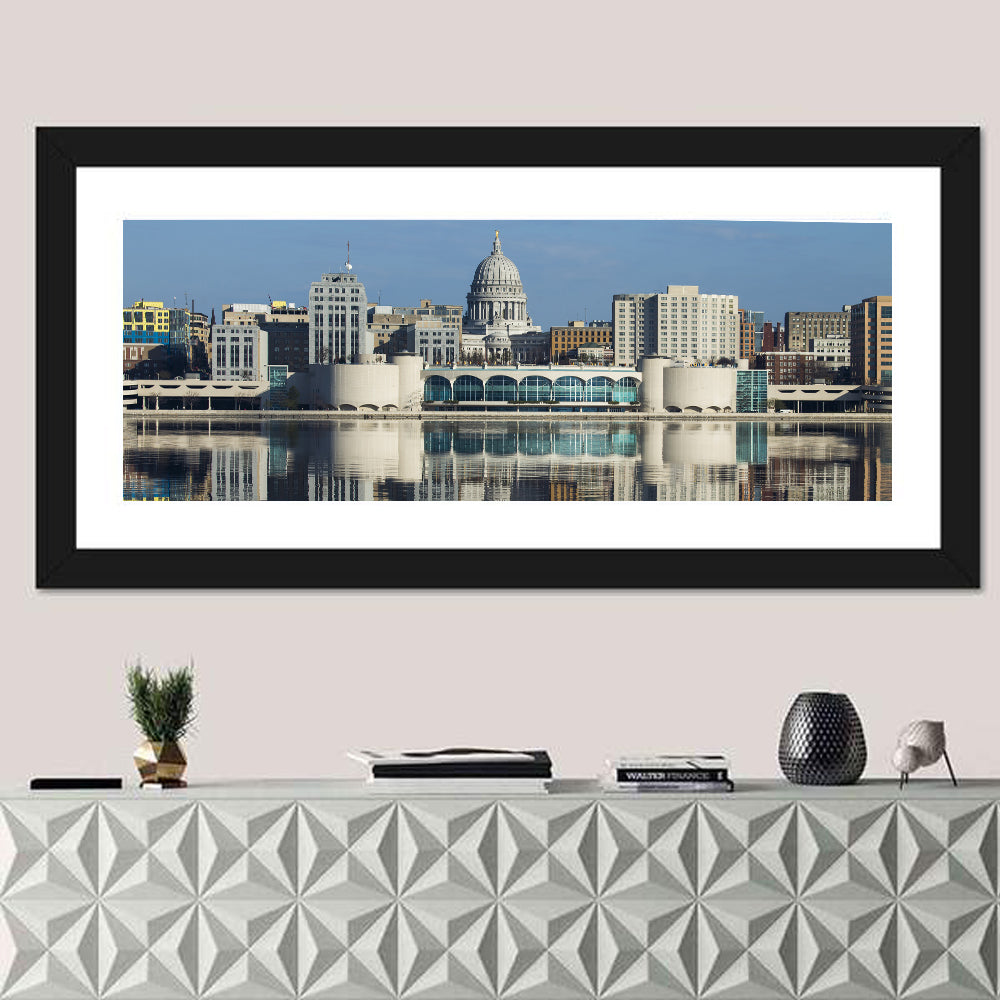 Madison Lake Monona Skyline Wall Art in a room, panoramic