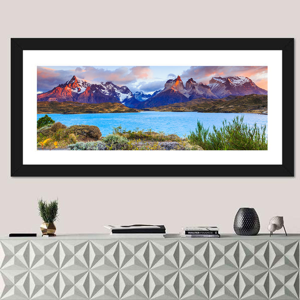 Lake Pehoe at Dawn Wall Art in a room, panoramic