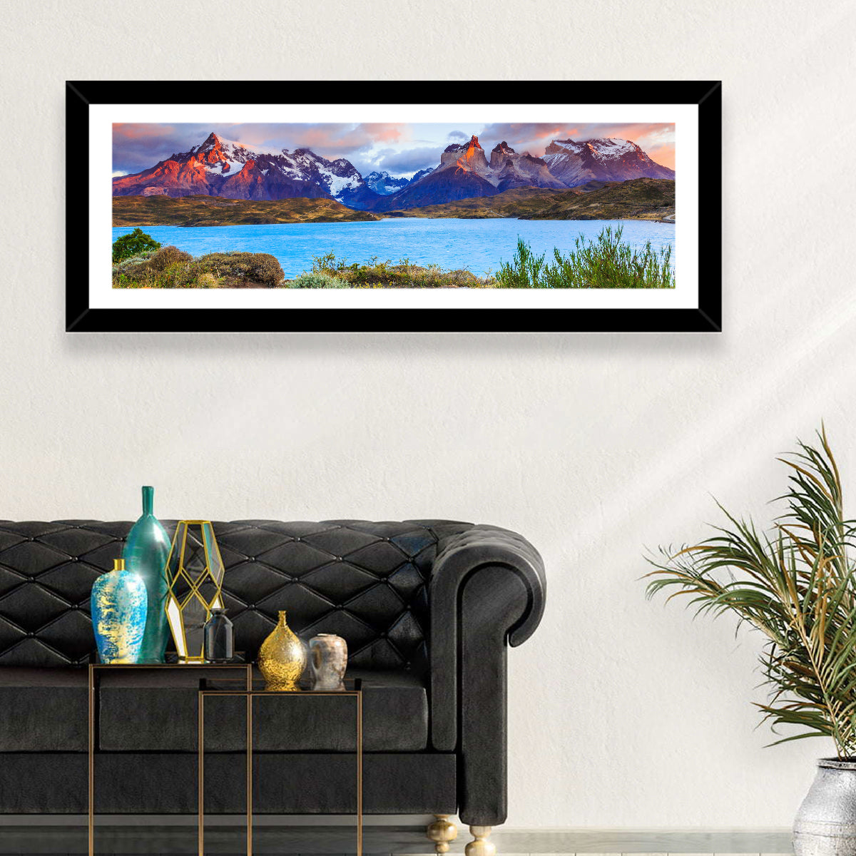 Lake Pehoe at Dawn Wall Art in a room, panoramic