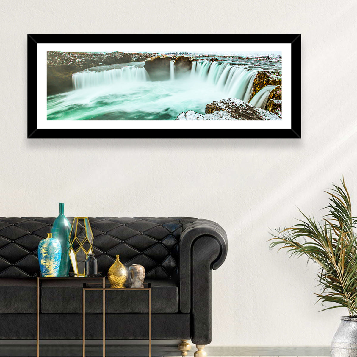 Goðafoss Winter Waterfall Wall Art in a room, panoramic