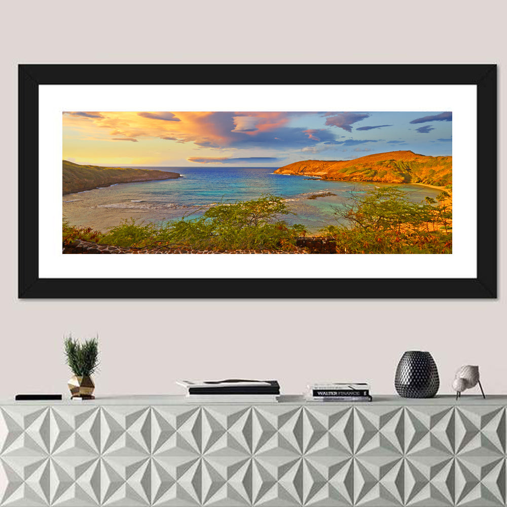Hanauma Bay Golden Hour Wall Art in a room, panoramic