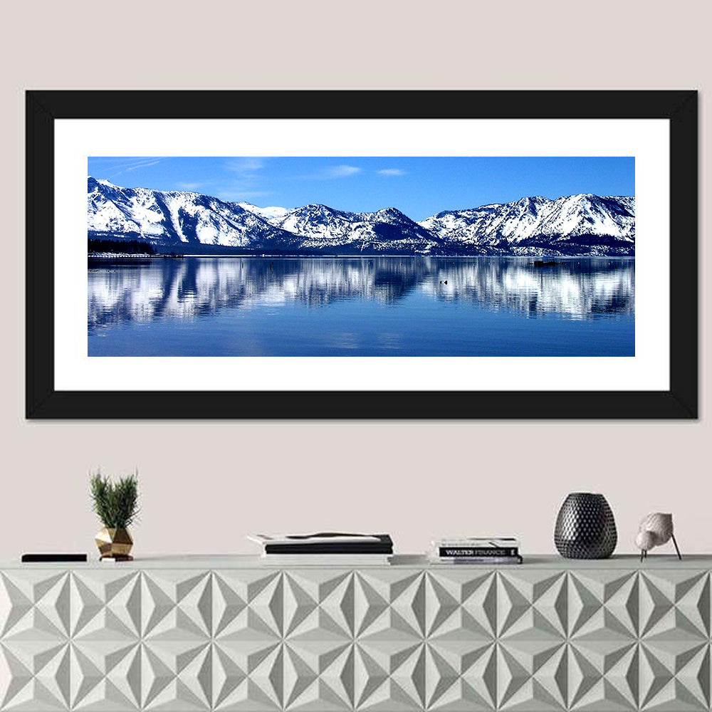 Lake Tahoe Mountain Reflection Wall Art in a room, panoramic