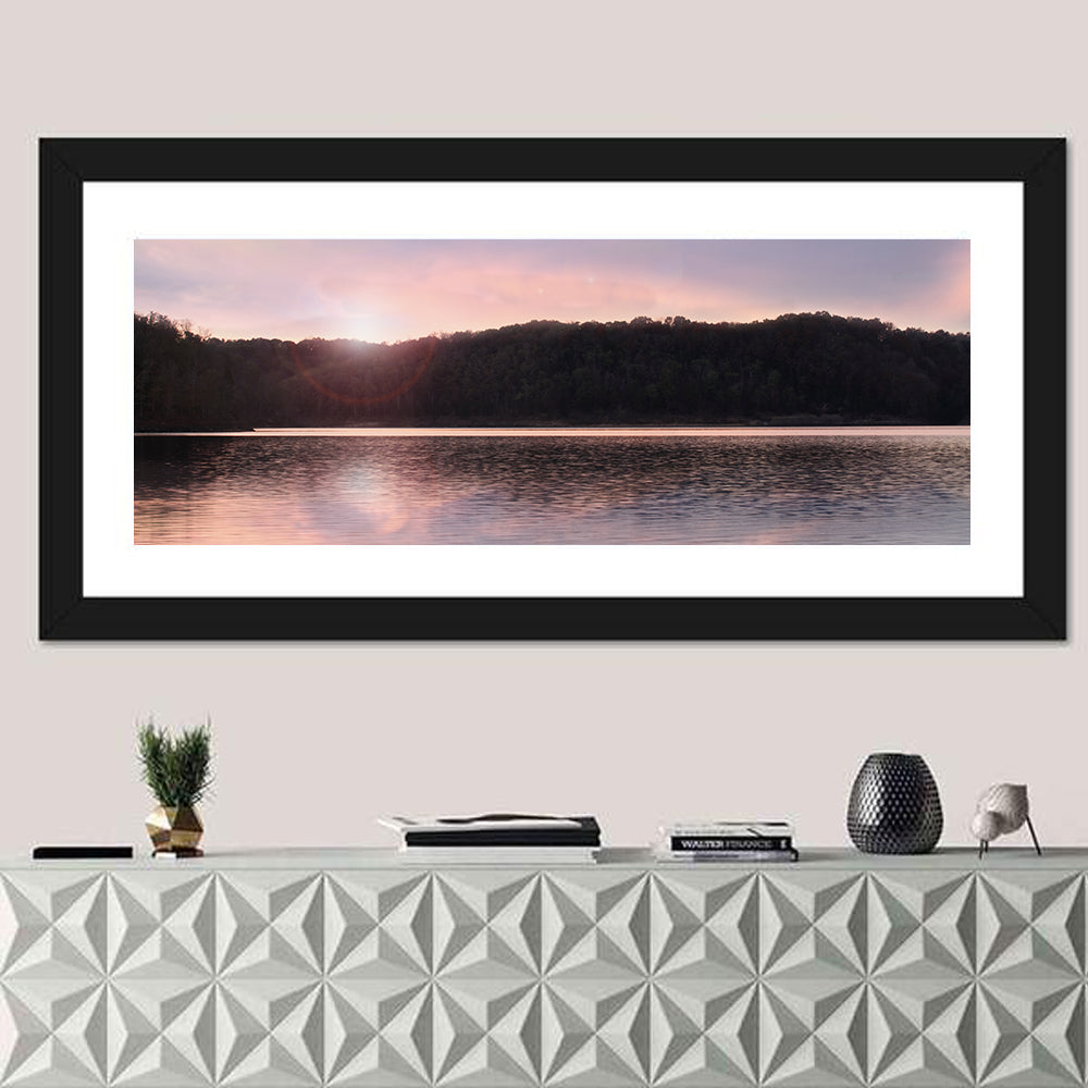 Lake Cumberland Sunset Wall Art in a room, panoramic