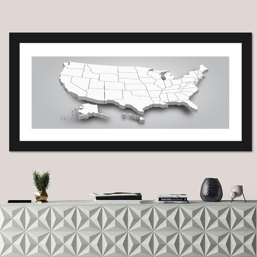 3d USA Map with Alaska and Hawaii Wall Art in a room, panoramic