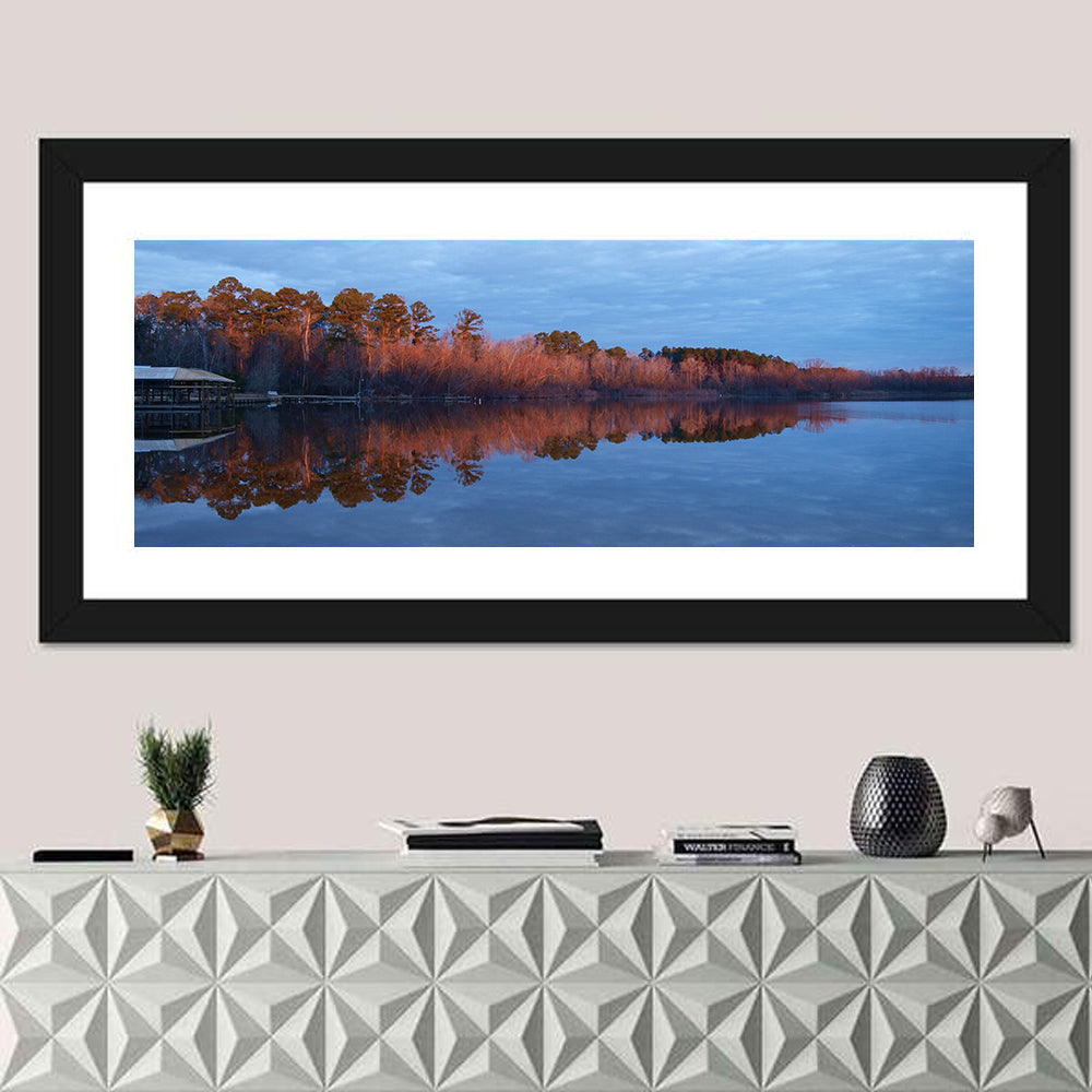 Lake Livingston Pier at Golden Hour Wall Art in a room, panoramic