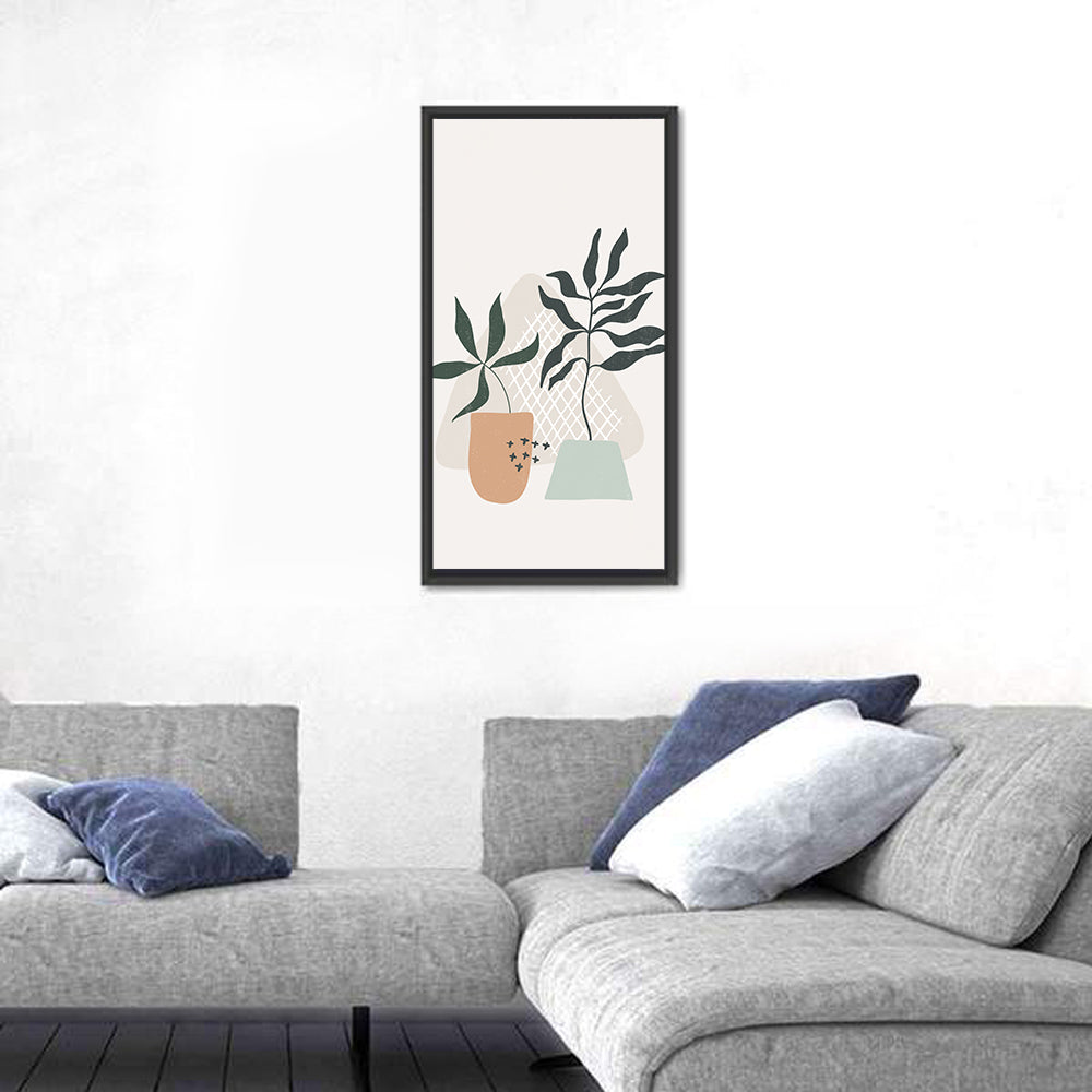 Potted Plants with Hand-drawn Grid Wall Art