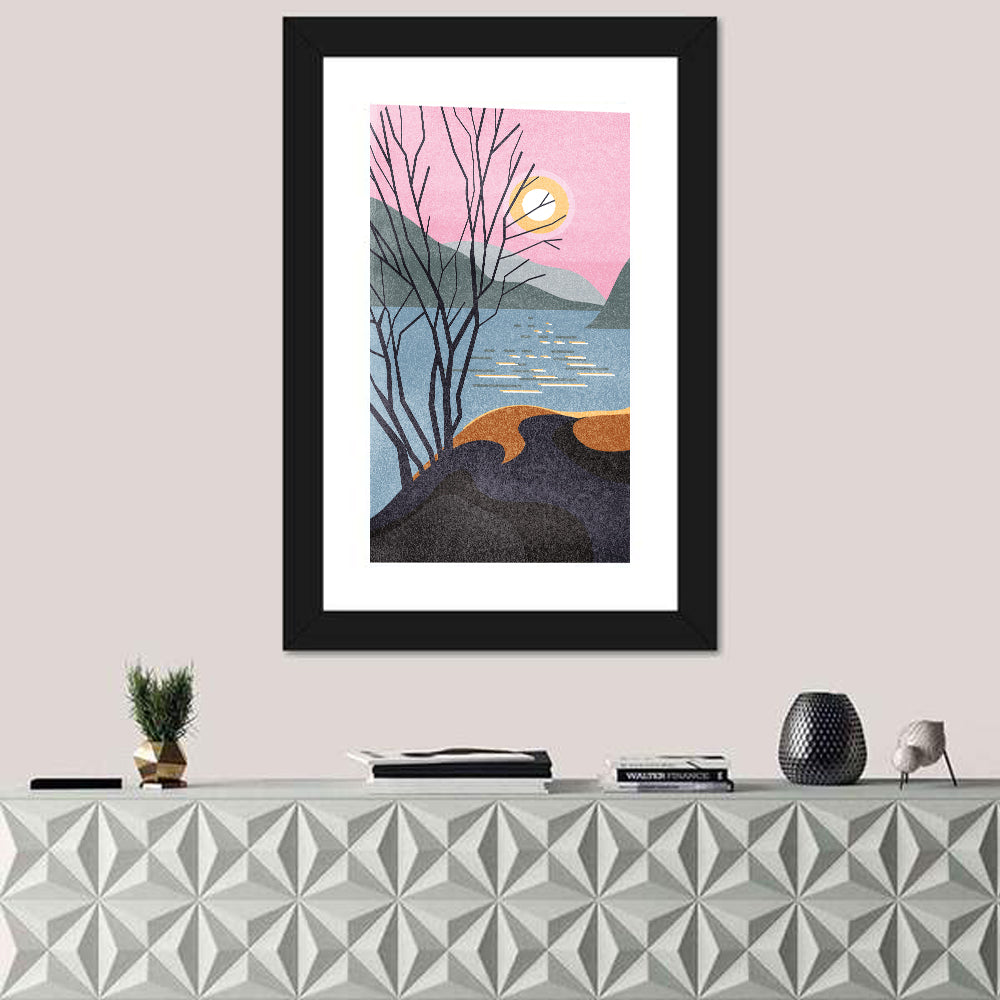 Sunset Over Lake with Bare Tree Wall Art