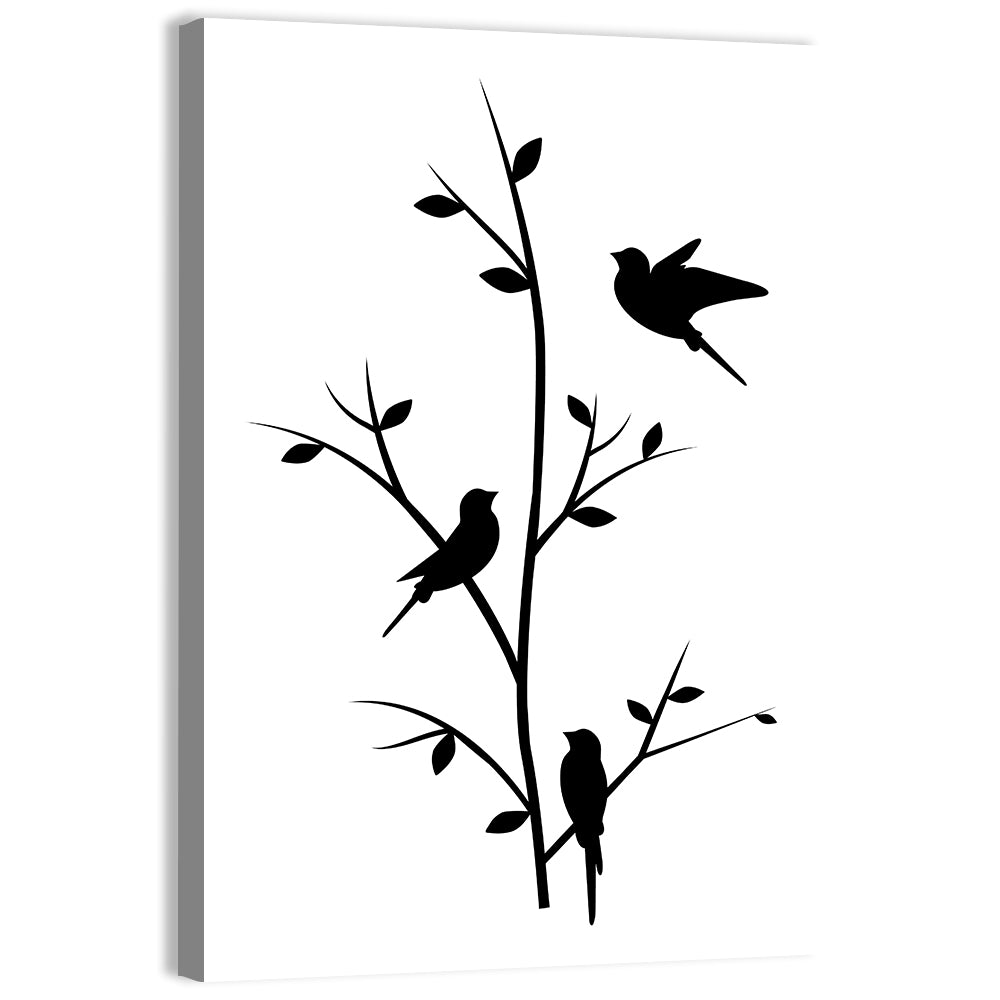 Three Birds on Branch Silhouette Wall Art, canvas print, portrait