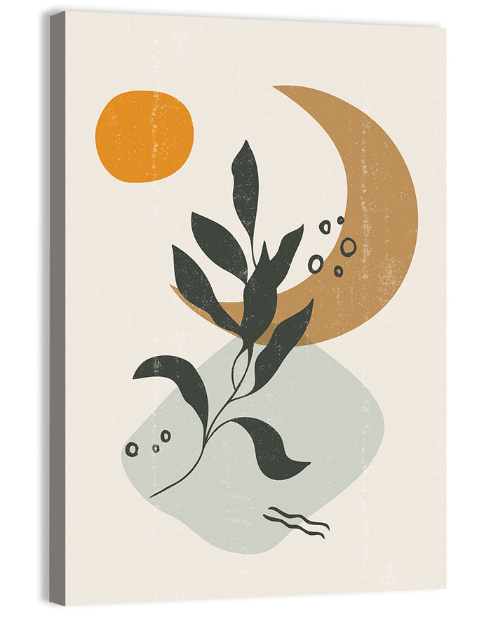 Leafy Branch with Sun and Moon Wall Art as a canvas print
