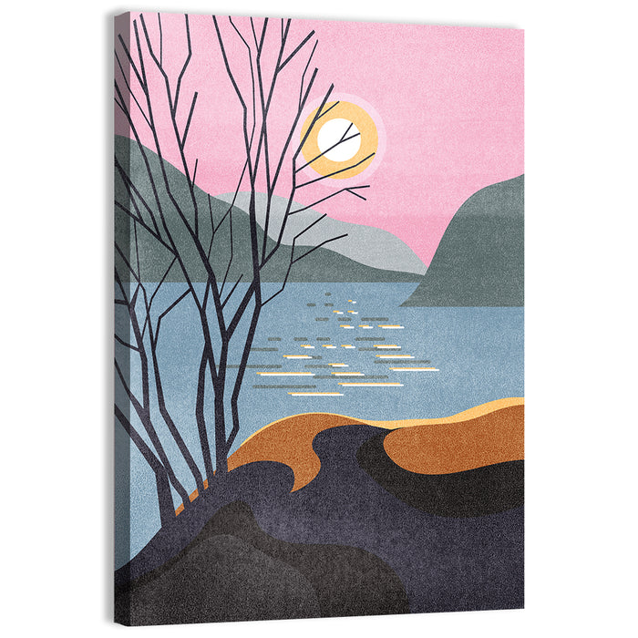 Sunset Over Lake with Bare Tree Wall Art as a canvas print