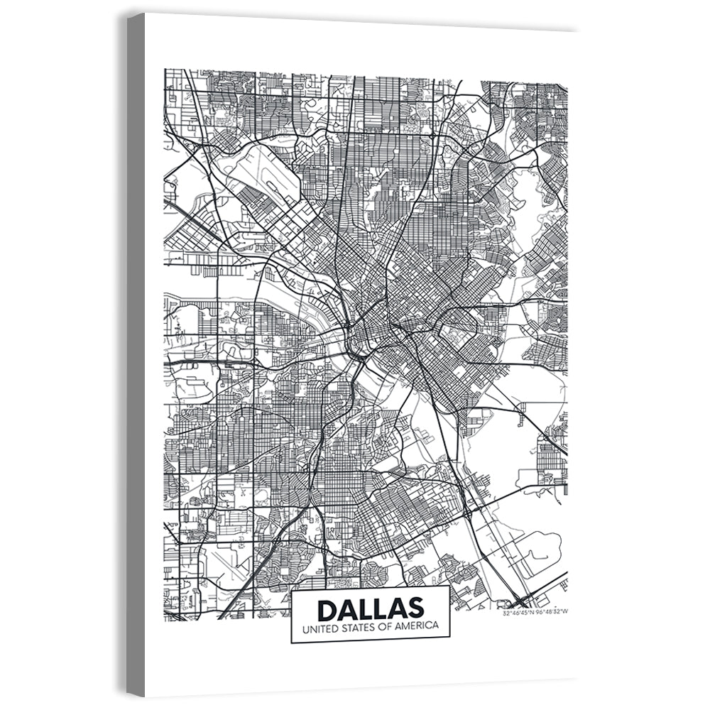 Dallas City Map with Coordinates Wall Art