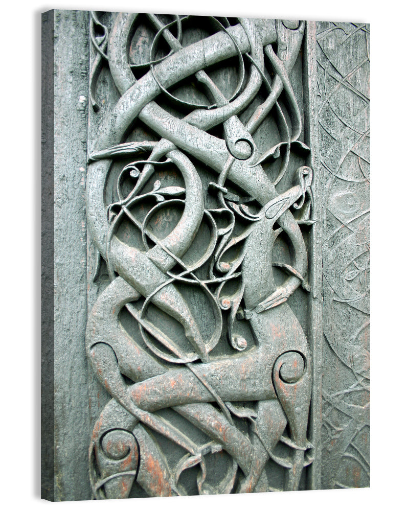 Norwegian Urnes Wood Carving Wall Art, canvas print, portrait