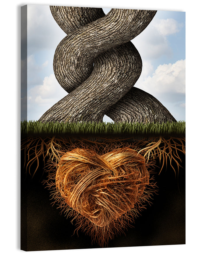 Intertwined Trees with Heart-shaped Roots Wall Art as a canvas print