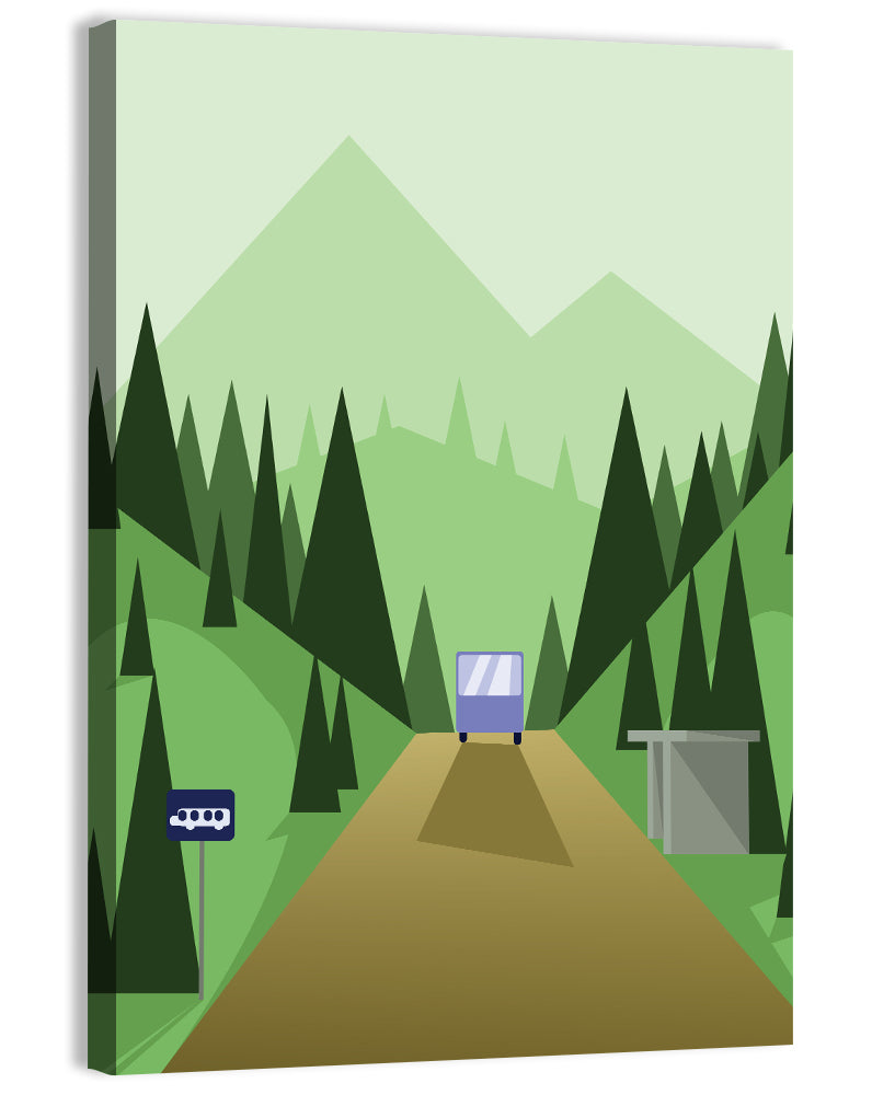 Mountain Road Bus Stop Illustration Wall Art