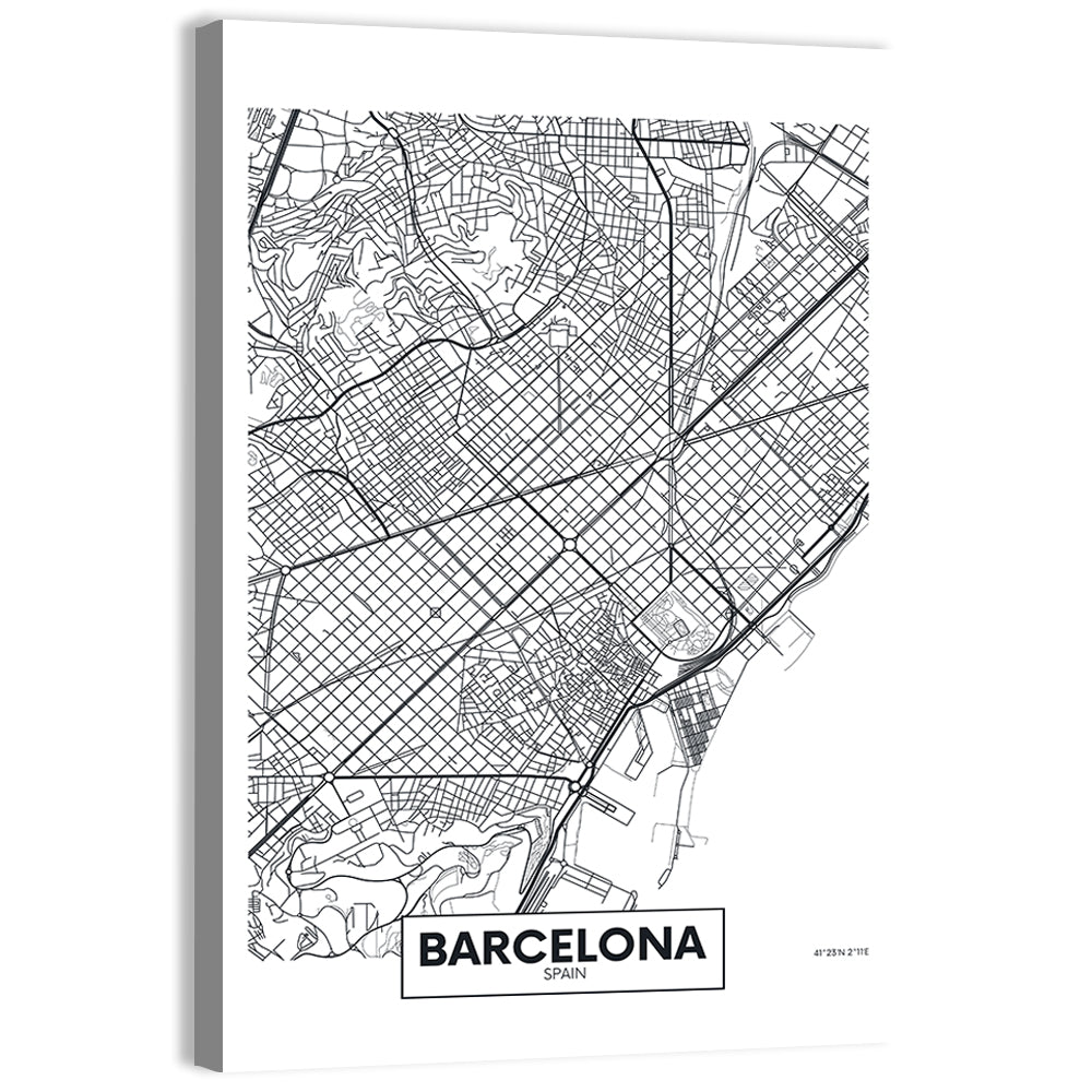 Barcelona Urban Grid Map Wall Art, canvas print, portrait
