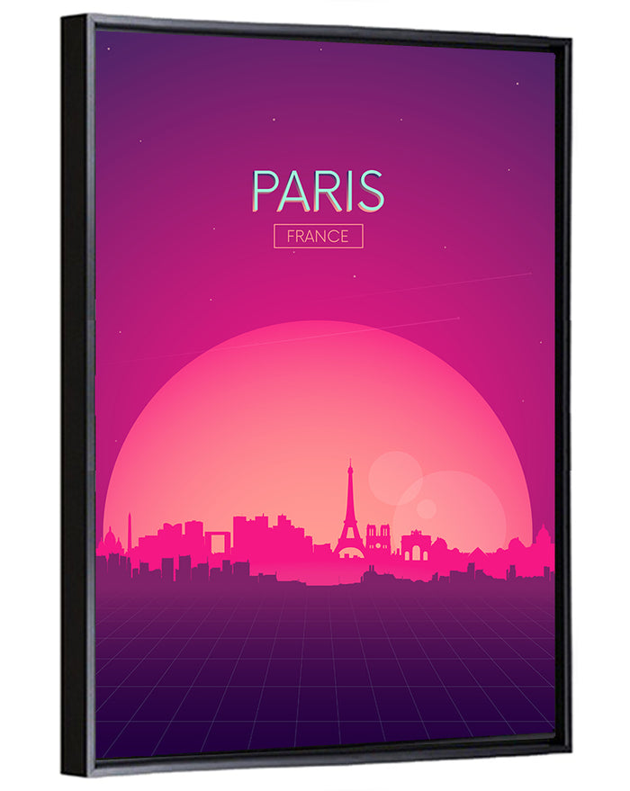 Paris Synthwave Skyline Wall Art as a framed canvas