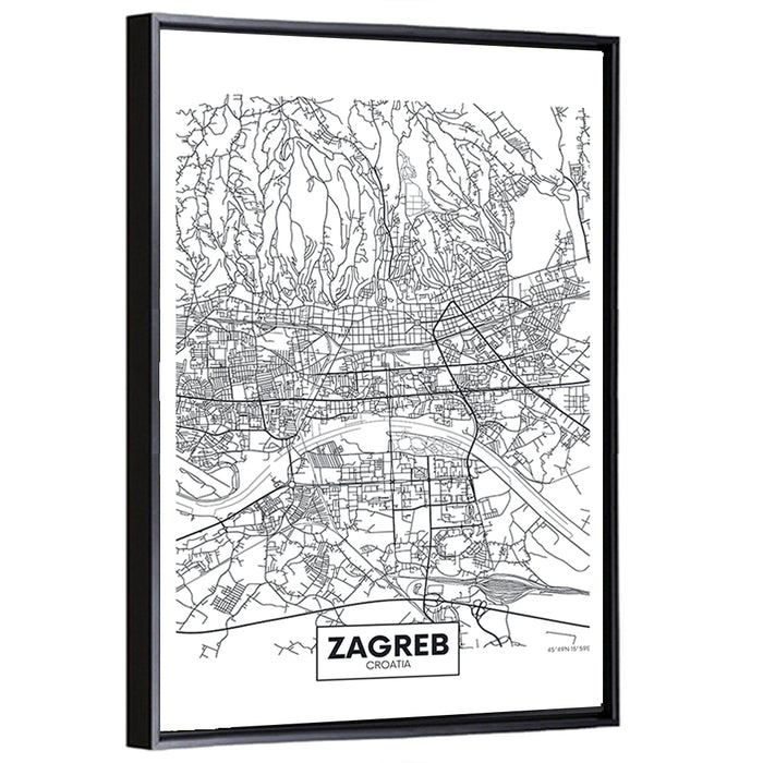 Zagreb City Map Wall Art as a framed canvas