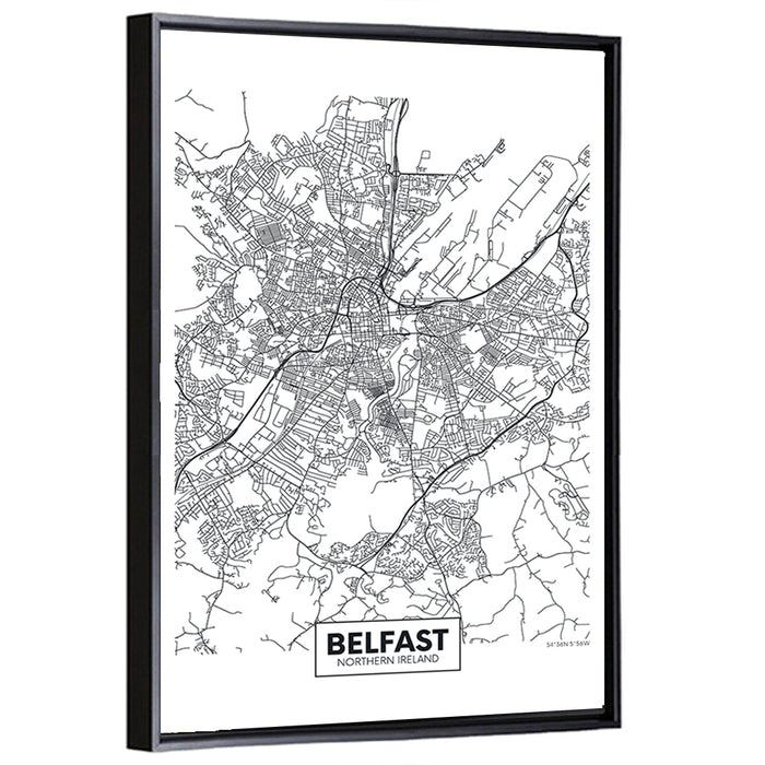 Belfast City Map Wall Art as a framed canvas