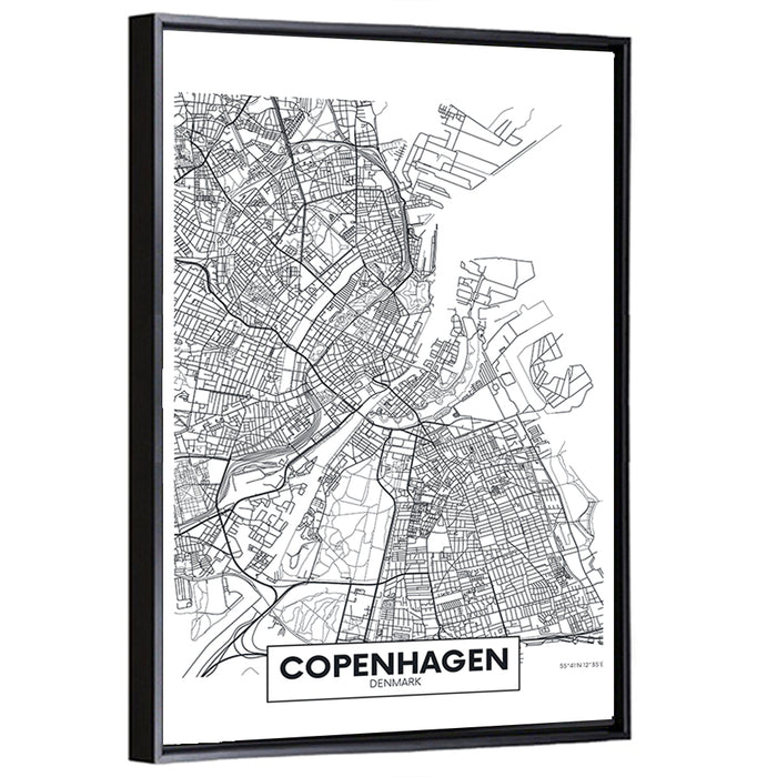 Copenhagen City Map Wall Art as a framed canvas
