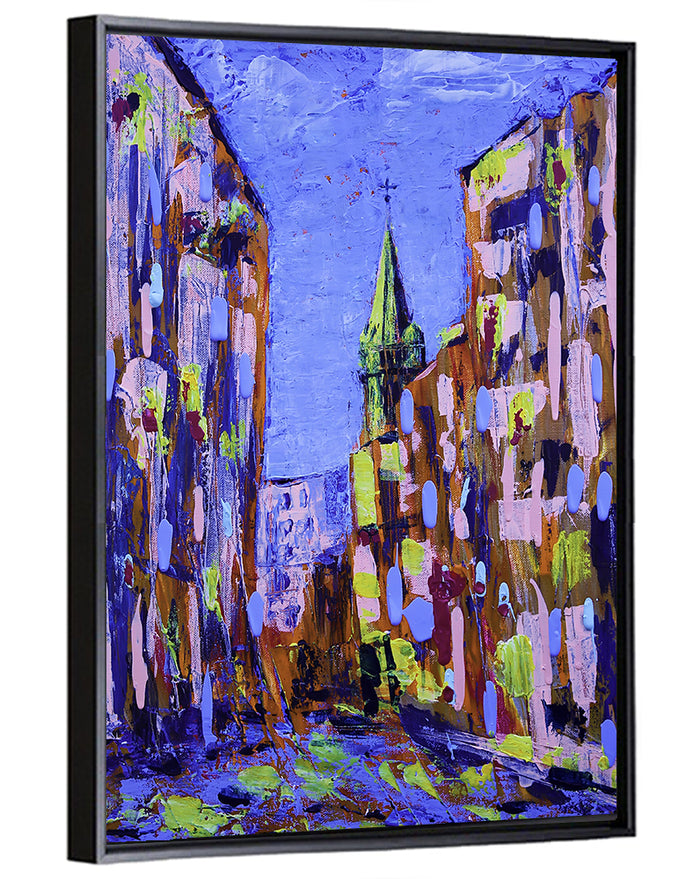 Old City Street with Steeple Wall Art as a framed canvas
