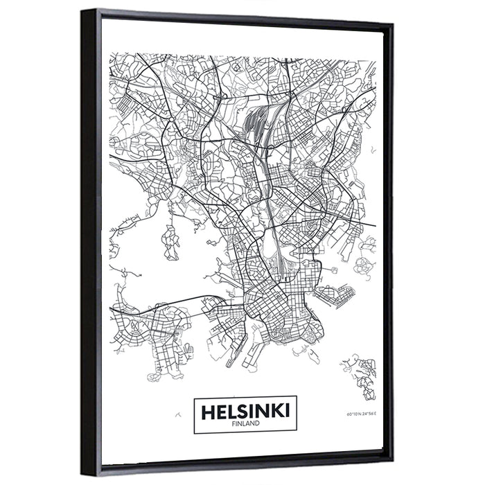 Helsinki Street Grid Map Wall Art as a framed canvas