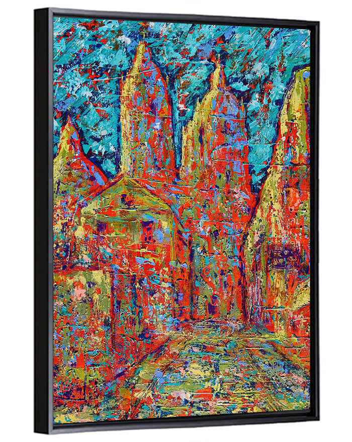 Gothic Spires Cityscape Wall Art as a framed canvas