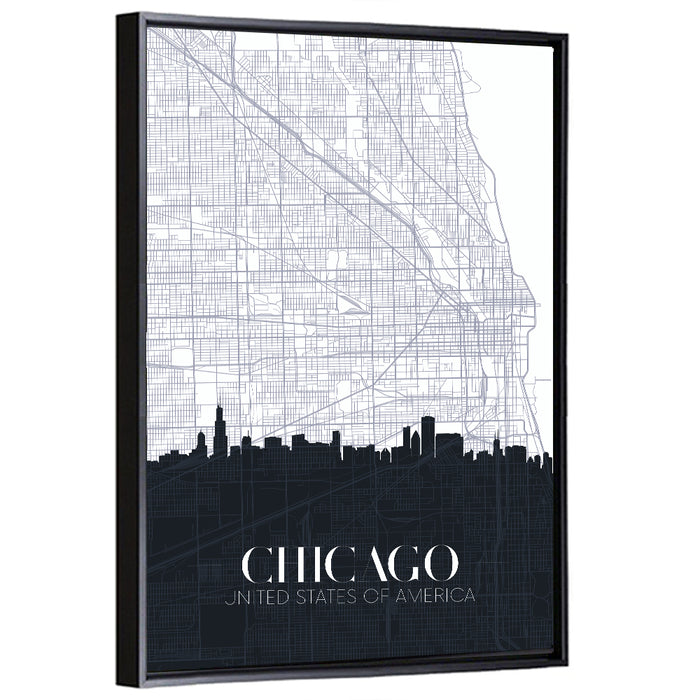 Chicago Skyline Map Wall Art as a framed canvas