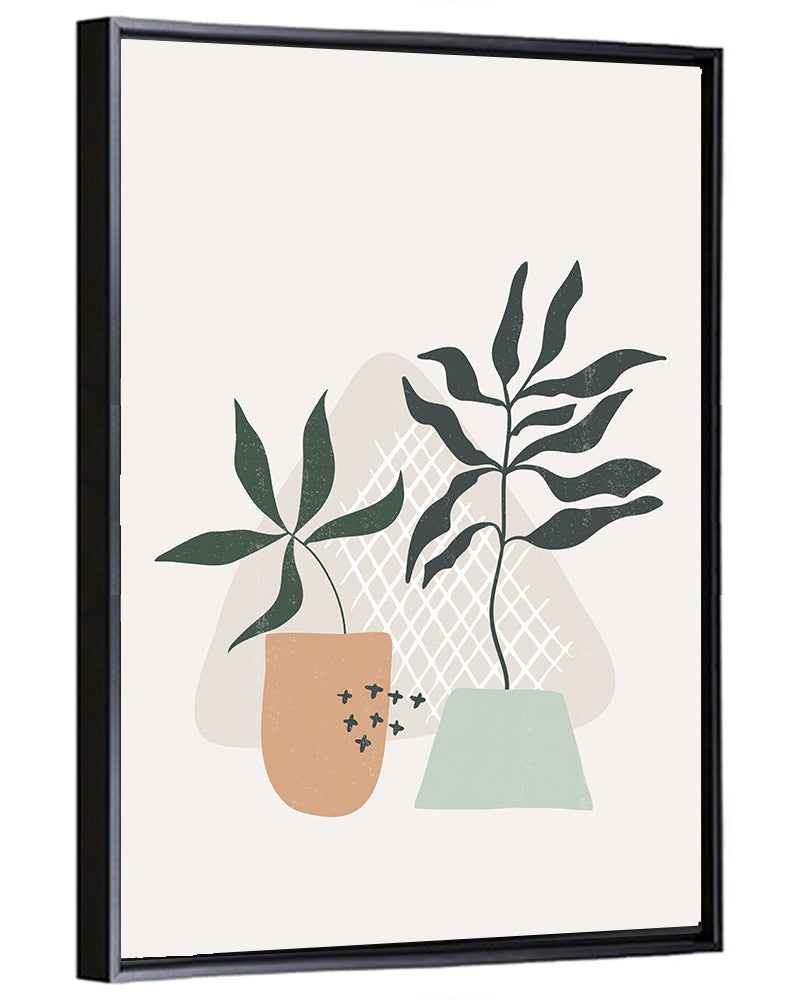 Potted Plants with Hand-drawn Grid Wall Art