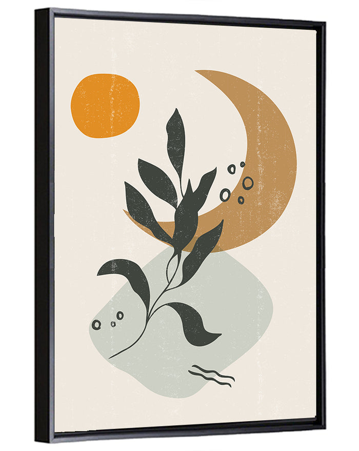 Leafy Branch with Sun and Moon Wall Art as a framed canvas
