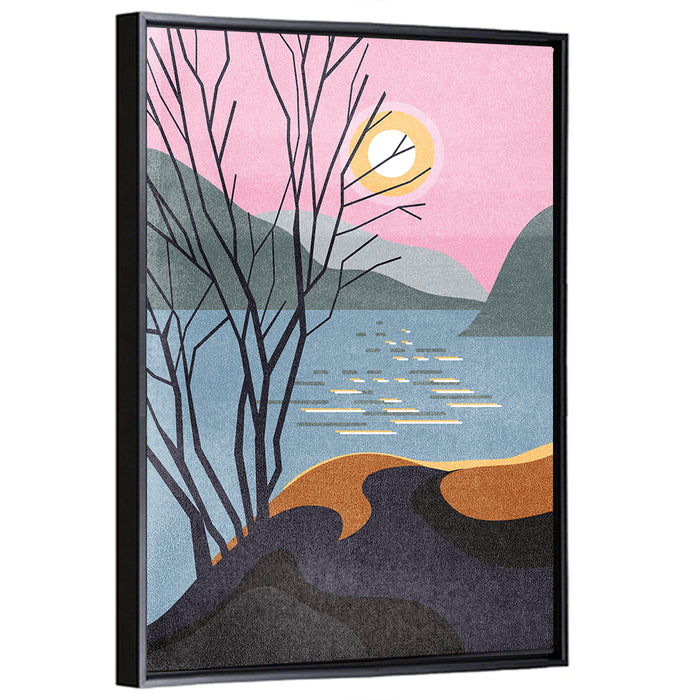 Sunset Over Lake with Bare Tree Wall Art as a framed canvas