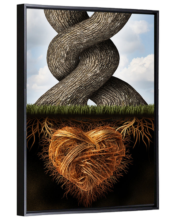 Intertwined Trees with Heart-shaped Roots Wall Art as a framed canvas