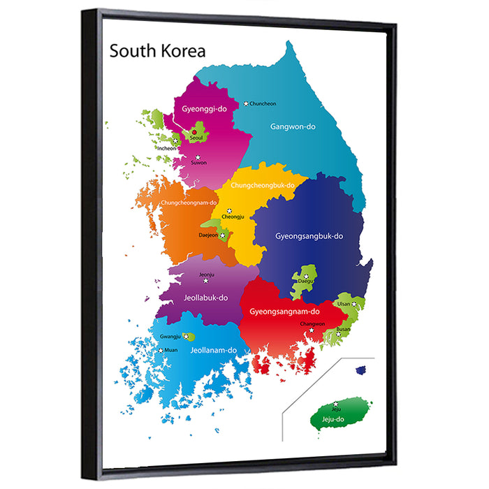 Colorful South Korea Map Wall Art as a framed canvas