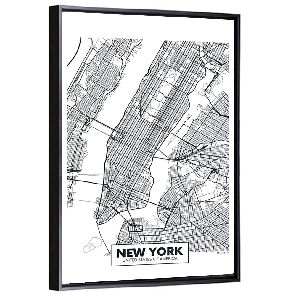 Manhattan Map, Black and White Wall Art