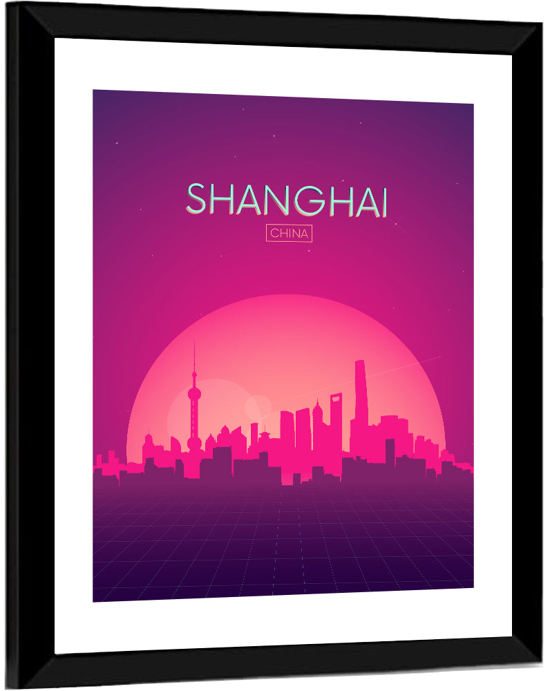 Shanghai Neon Sunset Skyline Wall Art