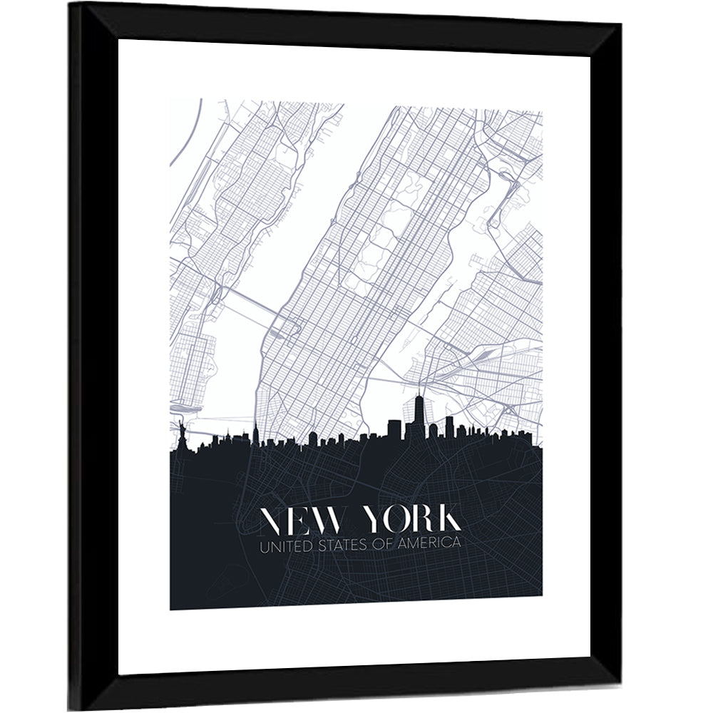 Manhattan Map with Skyline Wall Art