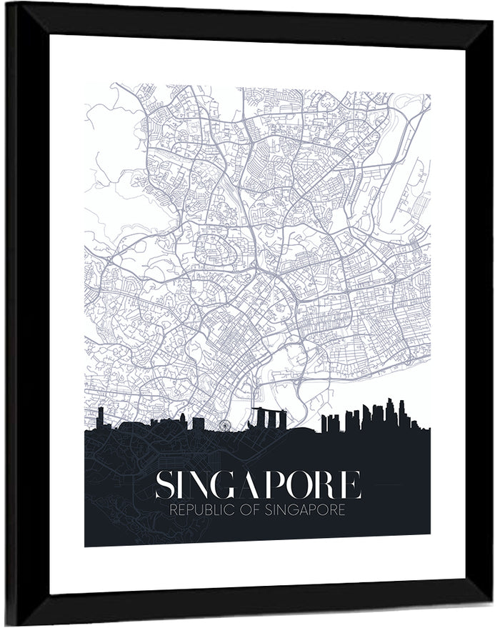 Singapore City Map Silhouette Wall Art as a framed print