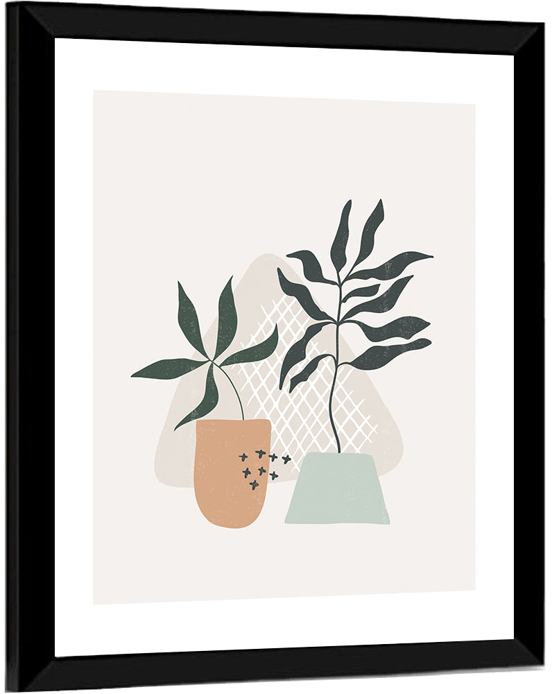 Potted Plants with Hand-drawn Grid Wall Art