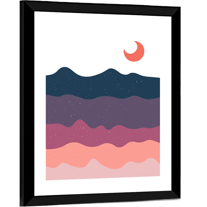 Crescent Moon Over Layered Mountains Wall Art as a framed print