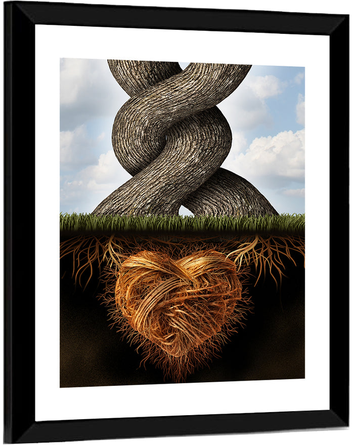 Intertwined Trees with Heart-shaped Roots Wall Art as a framed print