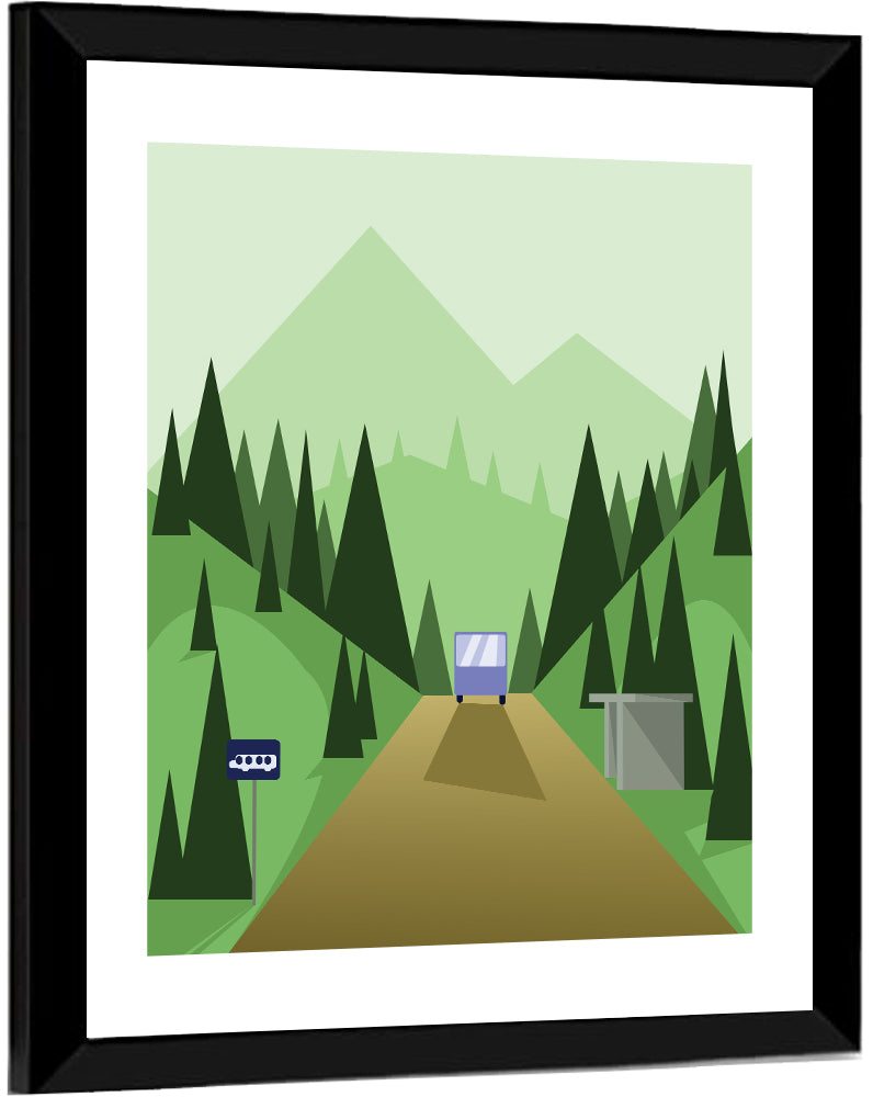 Mountain Road Bus Stop Illustration Wall Art
