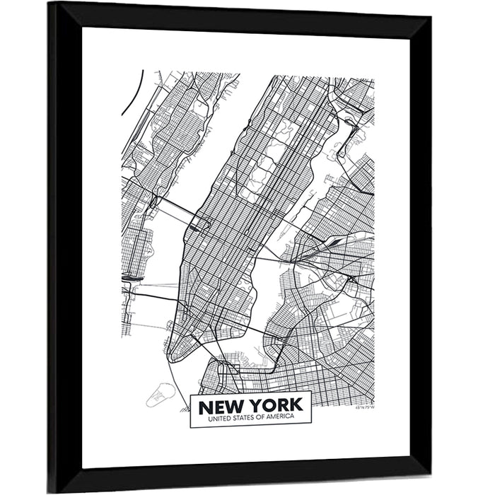 Manhattan Map, Black and White Wall Art as a framed print