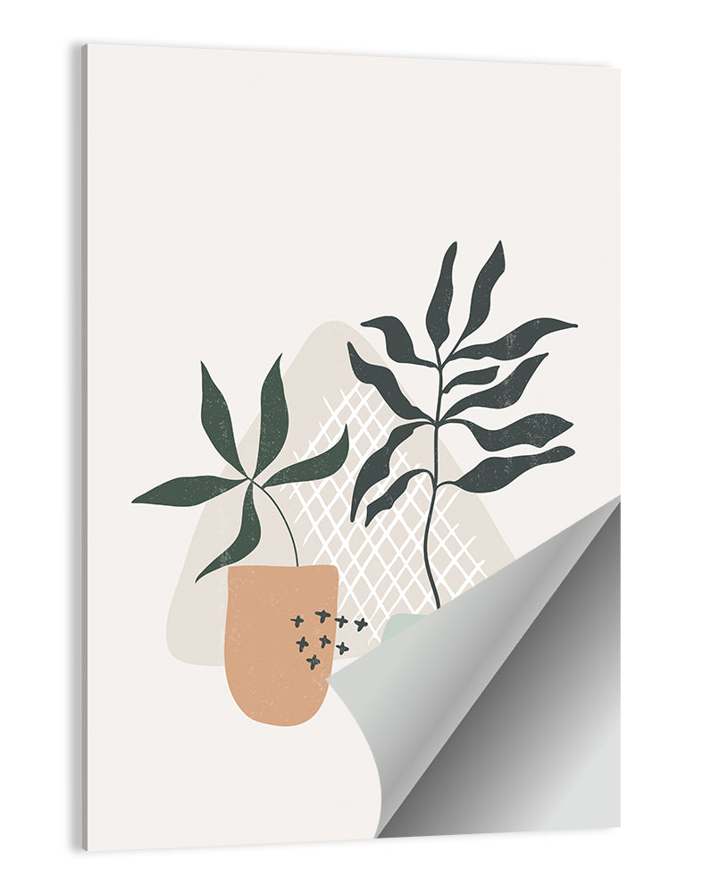 Potted Plants with Hand-drawn Grid Wall Art