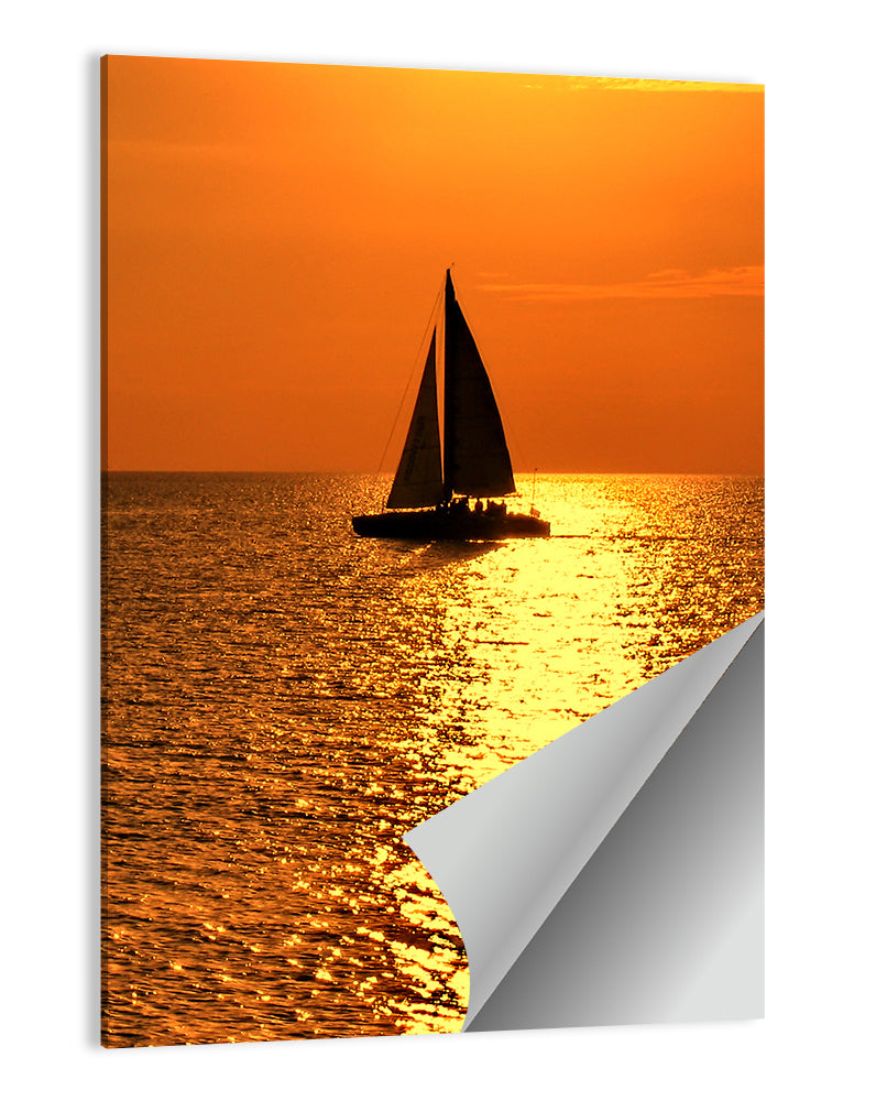 Sailboat Silhouette at Golden Sunset Wall Art