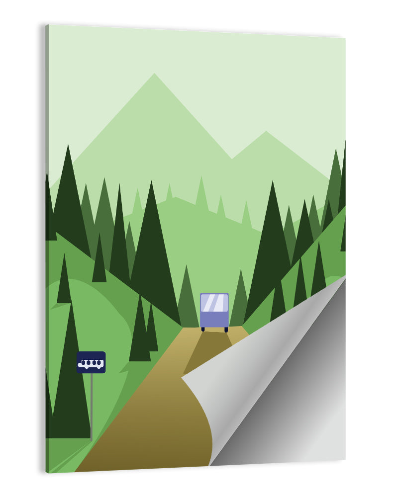 Mountain Road Bus Stop Illustration Wall Art