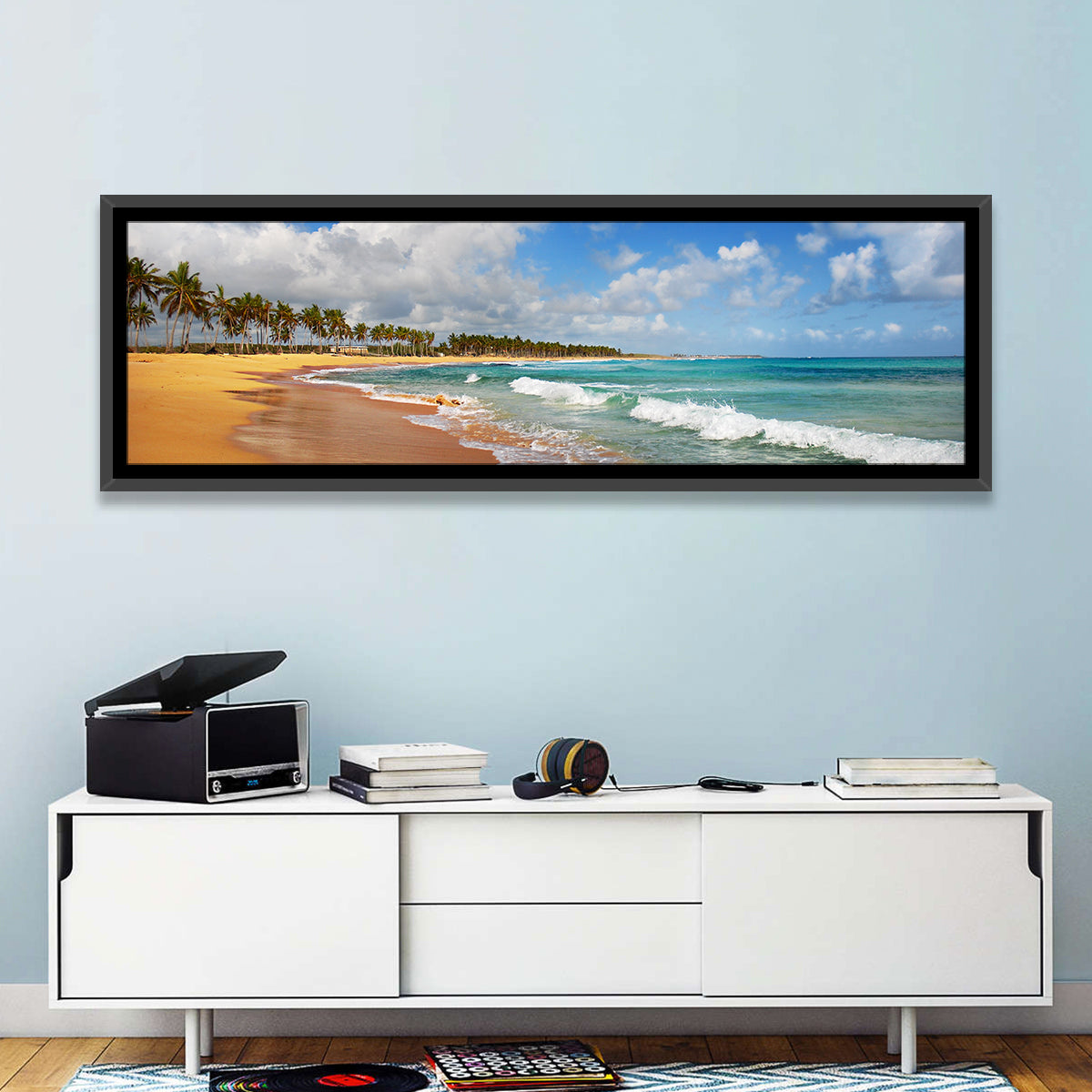 Palm Lined Tropical Coast Wall Art in a room, panoramic