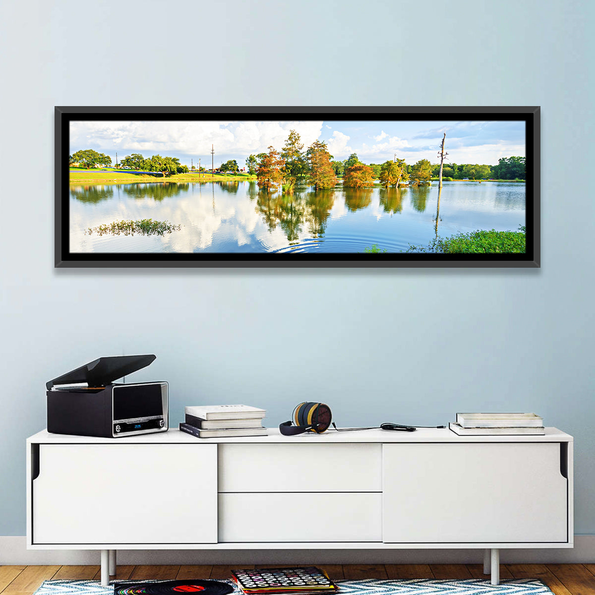 Lafayette Bayou Reflection Wall Art in a room, panoramic