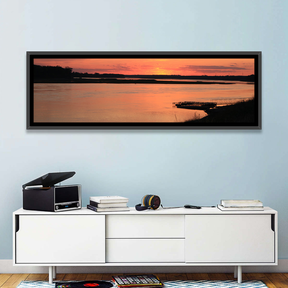 Missouri River Sunset at Dusk Wall Art in a room, panoramic
