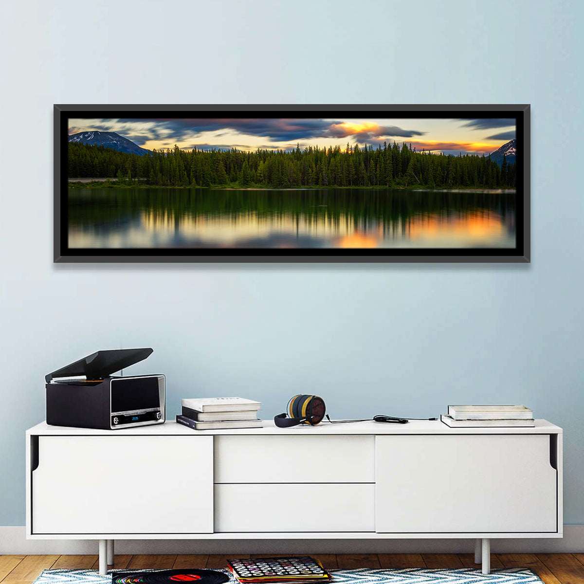 Herbert Lake Sunset Reflection Wall Art in a room, panoramic